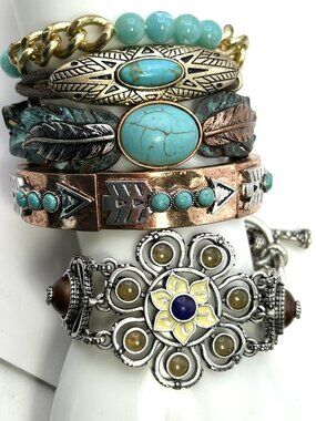 Boho Western Jewelry Lot Turquoise Tone Bracelets Rings Lucky Brand Leather Stac